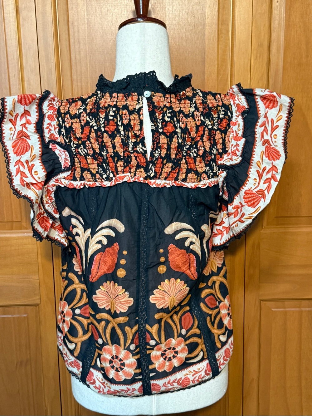 FARM Rio Black Floral Smocked Ruffle Sleeve Top with Orange Accents - Picture 9 of 16
